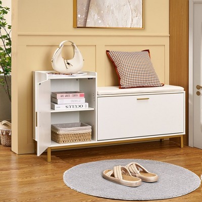 Black Shoe Storage With Flip Drawers Entryway Bench Cabinet With Removable Seat Cushion