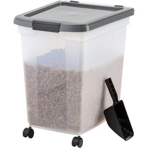 IRIS USA Dog Food Storage Container 50 lbs, with Removable Rolling Wheels & Included Scoop, for Dog Cat Bird and Other Pets, Clear/Dark Gray - 1 of 4