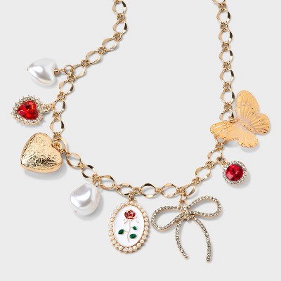 Butterflies, Hearts and Bows Chunky Charm Pendant Necklace - Wild Fable™ Gold/Red: Steel Chain, Lobster Claw Clasp, 16" Length