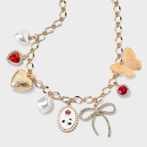 Butterflies, Hearts and Bows Chunky Charm Pendant Necklace - Wild Fable™ Gold/Red: Steel Chain, Lobster Claw Clasp, 16" Length - 1 of 4
