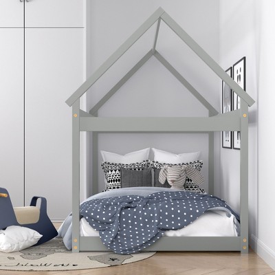 Gray Twin House Bed with Wood Frame and Roof