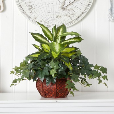 Green Plastic Dieffenbachia and Ivy Arrangement in Decorative Planter