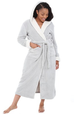 HEARTNICE Womens Fleece Robes, Plush Long Bathrobe Soft Warm Robes,(Light  Grey,L-XL) 