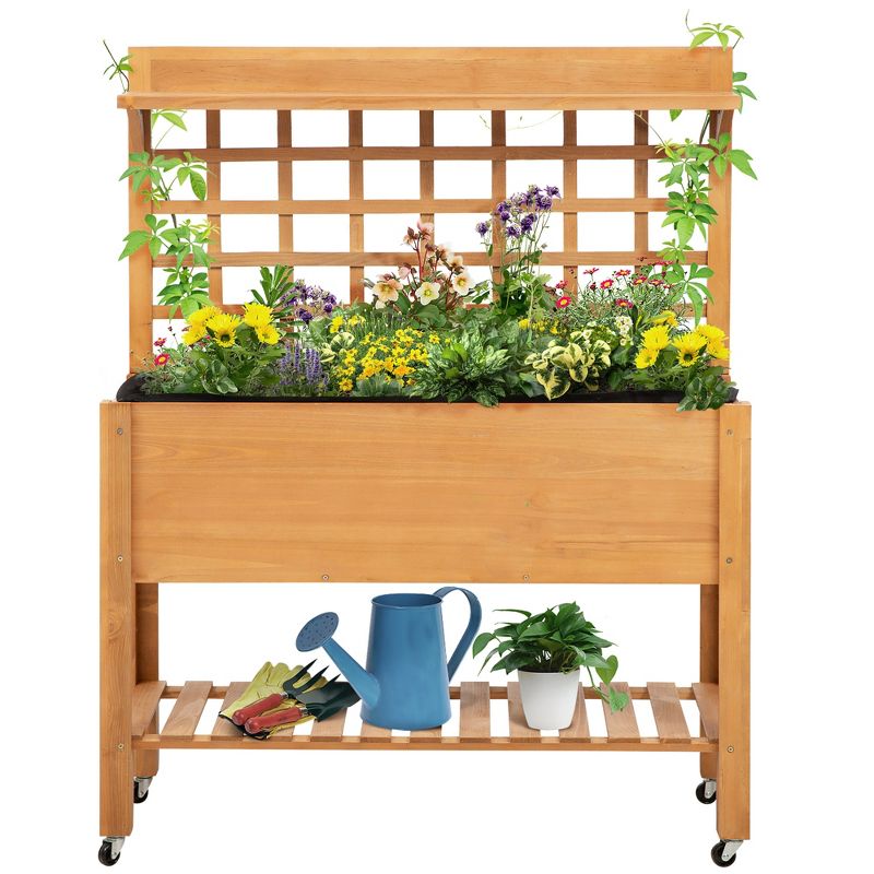Outsunny 41'' Raised Garden Bed Mobile Elevated Wooden Planter Box Stand with Wheels, Trellis and Storage Shelf, 4 of 8