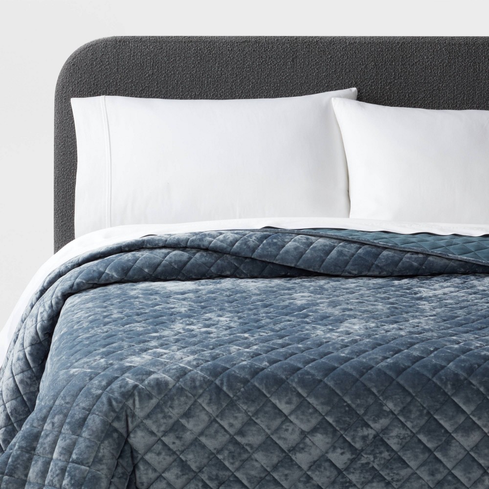 Photos - Bed Linen Full/Queen Luxe Diamond Stitch Velvet Quilt Slate Blue - Threshold™