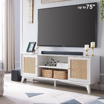 TV Stand for 75+ Inch TV, Mid Century Modern Entertainment Center with Natural Rattan Door for Living Room