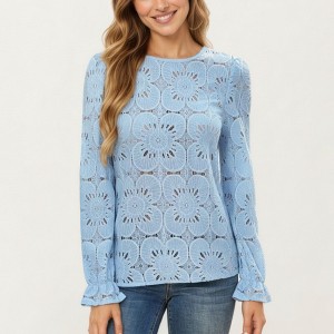 Anna-Kaci Women’s Floral Lace Long Sleeve Top with Intricate Openwork Pattern Soft Textured Fabric and Ruffled Cuff Detailing - 1 of 4