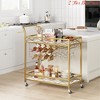 Bar Cart Gold, 2 Tier Bar Carts for The Home, Gold Bar Carts on Wheels, Serving Cart w/ White Marble Finish Wood Shelf, Wine Rack & Glass Holder - 2 of 4
