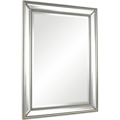 Elegant Beaded Silver Rectangular Wall Mirror with Beveled Glass