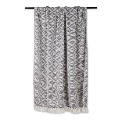 Gray and White Cotton Geometric Throw Blanket with Fringe