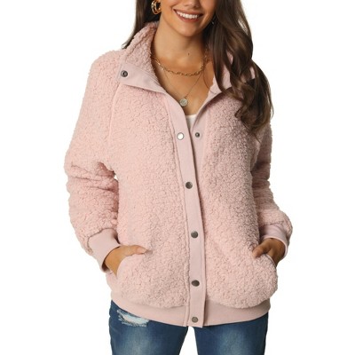 Seta T Women's Fluffy Fleece Two Pockets Long Sleeve Button Front Closure Casual Jacket