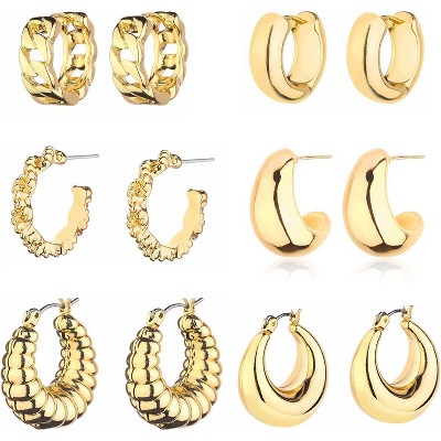 Gold Chunky Hoop Earrings Set for Women, 14K Gold Plated Twisted Huggie Hoop Earring, Thick Open Hoops Set Lightweight
