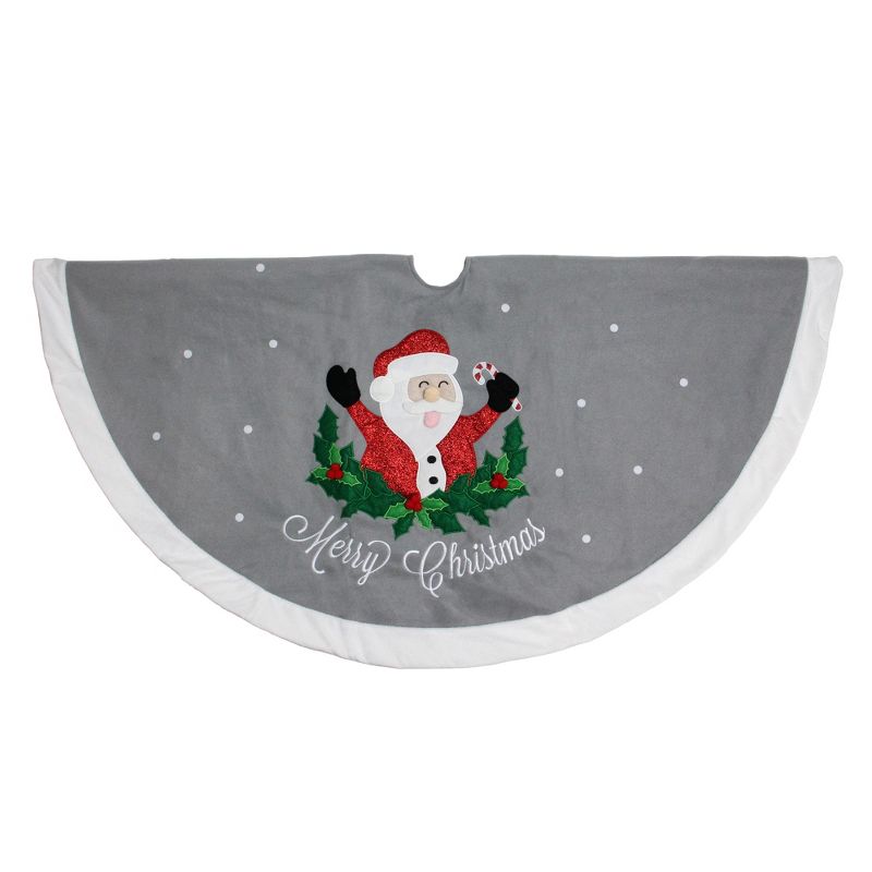 Northlight 48" Gray and White Traditional Happy Santa Christmas Tree Skirt, 1 of 4