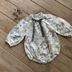 MyKids-USA New Arrival Baby Girls Vintage Floral/Plain Bow-Tie Lantern Sleeves Onesie - 1 of 4