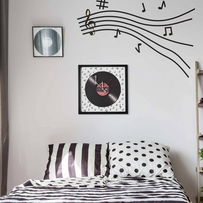 Vintage Black and White Vinyl Record Wall Clock with Hardwood Frame