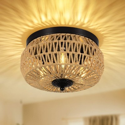 Height Adjustable 3-Light Flush Mount Ceiling Light,Hand Woven Rattan Shade Pendant Light,Boho Chandelier,Ceiling Light Fixture -The Pop Home