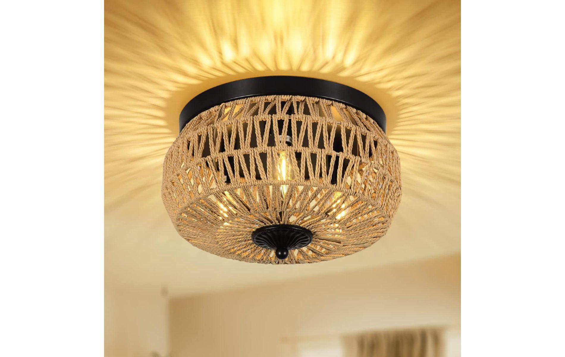 Height Adjustable 3-Light Flush Mount Ceiling Light,Hand Woven Rattan Shade Pendant Light,Boho Chandelier,Ceiling Lights Light Fixtures -The Pop Home