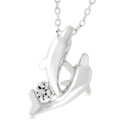 Slickblue Dual Dolphin Pendant for Women, Rhodium Plated, 16-Inch Chain + 2-Inch Extender, 0.25 Ct Cubic Zirconia