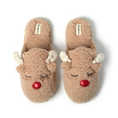 Dearfoams Men's Holiday Novelty Christmas Reindeer Scuff Slipper - Latte Size M