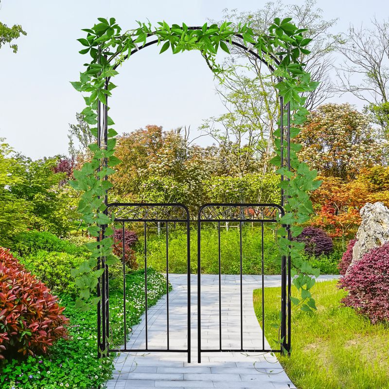 Outsunny Garden Arbor Arch Gate with Trellis Sides for Climbing Plants, Wedding Ceremony Decorations, Grape Vines, Locking Doors, Swirls, Black, 2 of 9