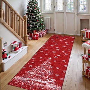 Red Christmas Hallway Runner Rug, Washable Low Pile Non-Slip Mat with Tree & Snowflake Design for Kitchen, Entryway and Bedroom - 1 of 4