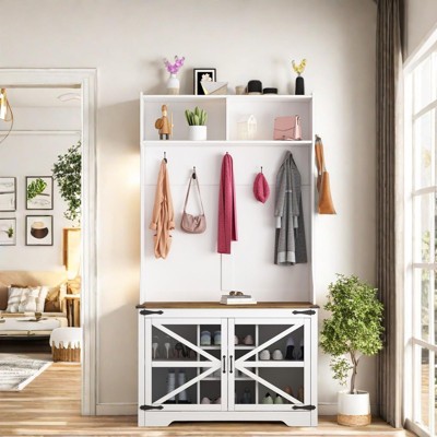 Hall Tree with Shoe Storage, 4-in-1 Coat Rack with 7 Shoe Cubbies & 7 Coat Hooks, Farmhouse Entryway Bench Mudroom Storage Cabinet for Hallway