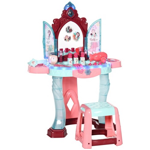 Qaba Kids Vanity Makeup Table Set With Chair And 31 piece Collection Mirror Princess Vanity Table With Magic Mirror Music Light For 3 Years Old Target