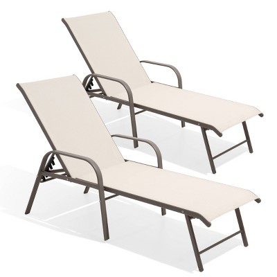 2pk Outdoor Aluminum Chaise Lounge Chairs with Armrests - Light Brown - Crestlive Products