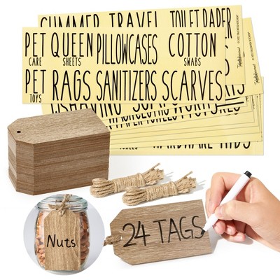Talented Kitchen 24 Pack Wooden Hanging Tags, 4.33x2.5”, 70 Pre-printed Labels, String, Hanging Labels for Organizing