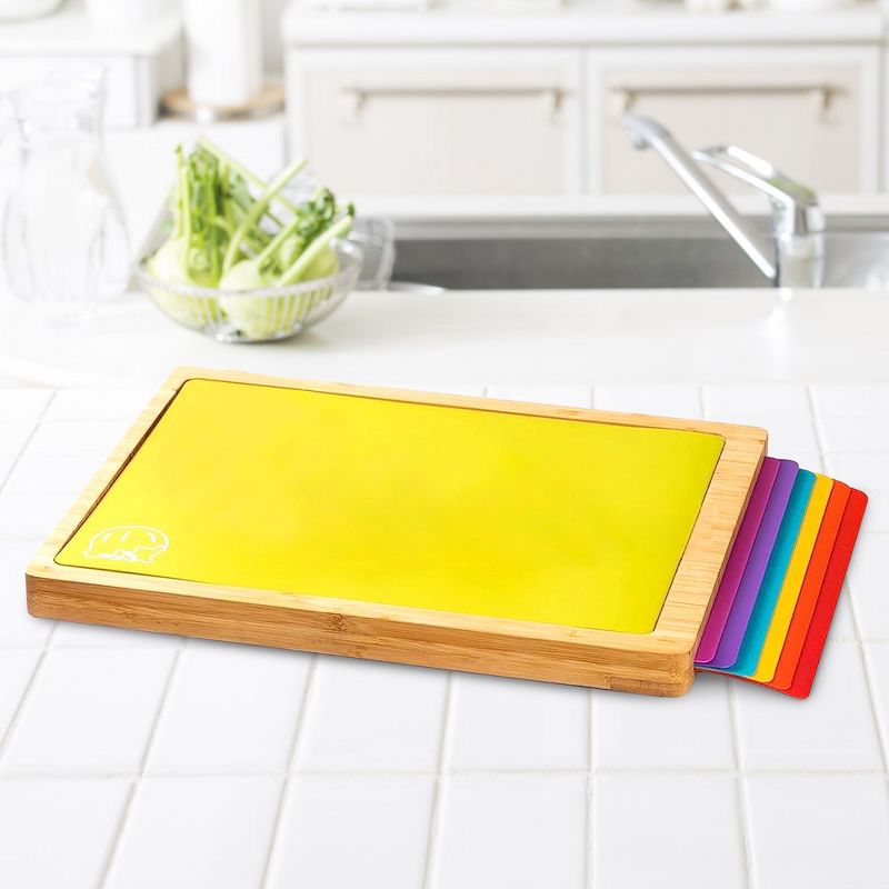 Cheer Collection Bamboo Cutting Board Set with 6 Anti Slip Color-Coded Cutting Mats and Built-in Storage, 2 of 9