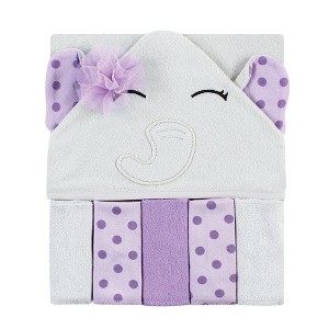 Hudson Baby Infant Girl Hooded Towel and Five Washcloths, Purple Dots Pretty Elephant, One Size - 1 of 2