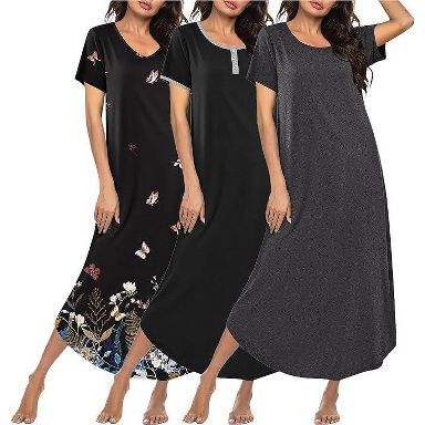 black moo moo dress Ekouaer 3 Pack Long Nightgowns for Women Moos Short Sleeve House Button Night Gown Soft Sleepwear Butterfly/Black/Dark Grey L Size:4 | US Bachelorette Dresses Plus Size Bridezilla House dresses this dress is perfect