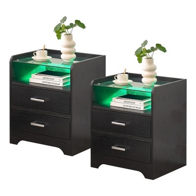 Homhougo Nightstands Set of 2 LED Night Stand with 2 Drawers Black
