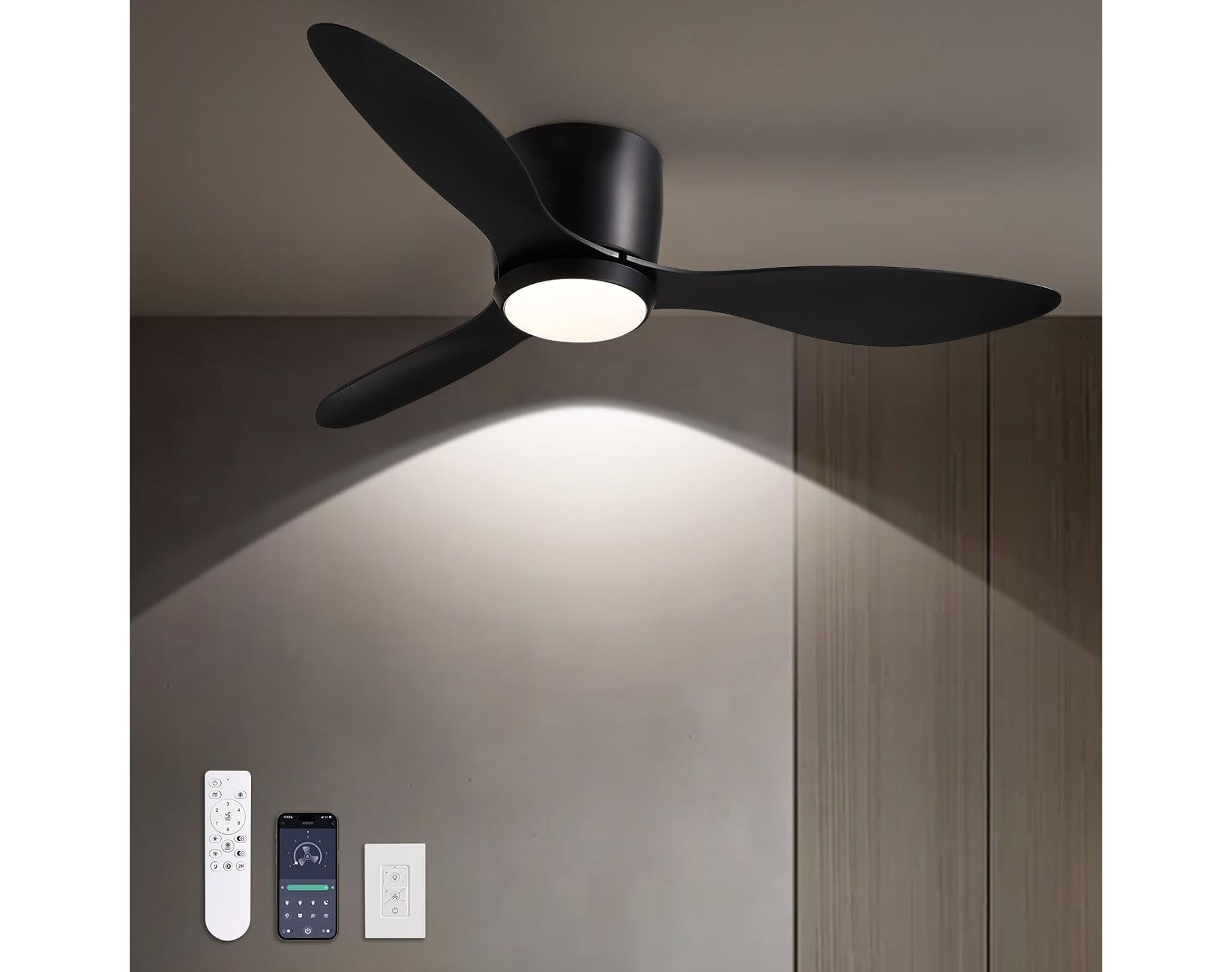 Siljoy 42" Modern Black Ceiling Fan with Lights with Remote, Flush Mount, Dimmable LED, Noiseless DC Reversible Motor, 6-Speed for Bedroom Living Room