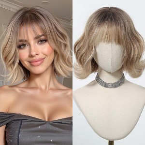 Jessie's Wig Short Wavy Curly Bob Wigs With Bangs Light Brown Heat Resistant Synthetic Hair Wigs For Women 10 Inch - 1 of 4