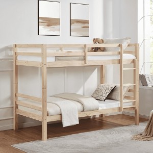 MAYEERTY Twin over Full Bunk Bed with Ladder, Wooden Bed Frame with High Guardrail and Ladder for Kids, No Box Spring Needed, Natural - 1 of 4