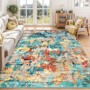 Washable Area Rug, Soft Colorful Modern Abstract Rug for Bedroom, Living Room, Dining Room & Office, Low Pile Non-Slip Boho Design (Multi) - 1 of 4