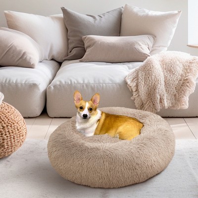 Small Taupe Faux Fur Round Donut Pet Bed