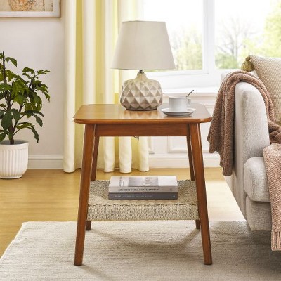 CENGHU Mid-Century Side Table with Woven Shelf, Boho Side Table with Storage, Coffee Table, Side End Table for Living Room, Bedroom, Home Office