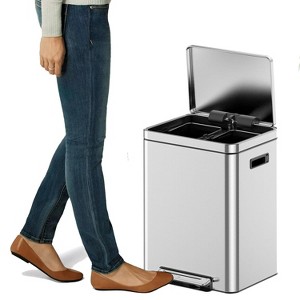 Dual Trash Can, Stainless Steel Garbage Can with Soft-Close Lid & 2 Removable Inner Buckets, Step-on Waste Bin for Home Kitchen Office - 1 of 4
