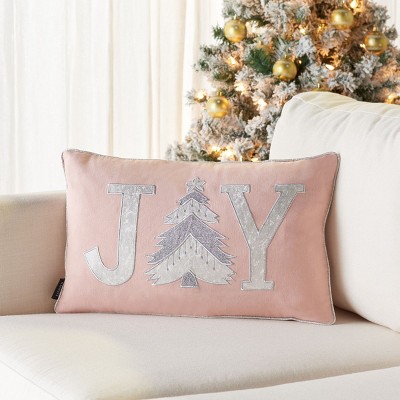 Blush Pink Joy Holiday Tree Embroidered Rectangular Pillow