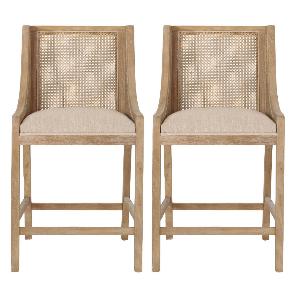 Photos - Chair Christopher Knight Home 25.5" Cataldo Wood and Cane Upholstered Counter Height Barstool Beige/Natural