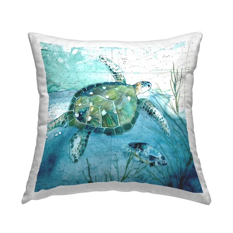 Stupell Industries Sea Tortoise and Fish over Blue Nautical Ocean Map Printed Pillow, 18 x 18, 1 of 3