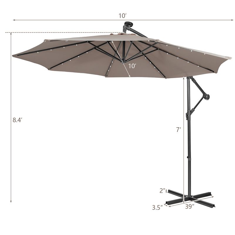 Costway 10FT Cantilever Solar Powered 32LED Lighted Patio Offset Umbrella Outdoor Red\Beige\Coffee\Blue\Navy, 4 of 10