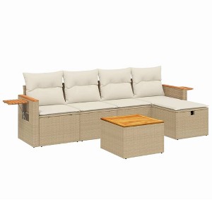 vidaXL 6 Piece Patio Sofa Set with Cushions Beige Poly Rattan - Beige and Cream Without Storage 5 Items - 1 of 4