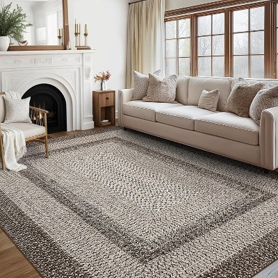Area Rug Braided Printed Throw, Non-Slip Low Pile Accent Carpet, Foldable Soft Floor Cover for Bedroom or Living Room, Mocha