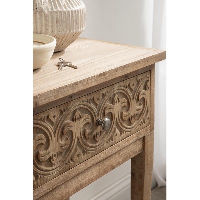 Hazelnut Rustic Wood Side Table with Carved Drawer