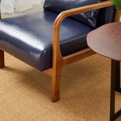 Navy Blue Faux Leather Mid-Century Modern Accent Chair with Walnut Wood Frame