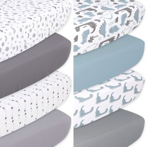 The Peanutshell Celestial Stars and Dinosaur Fitted Crib Sheets, Unisex 8-Pack Set | Grey, Blue, White - 1 of 4