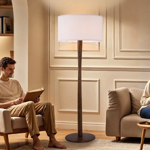 61" Walnut Wood Standing Floor Lamp with Linen Drum Shade, Modern Accent Light for Living Room, Bedroom, Hallway & Study - 1 of 4